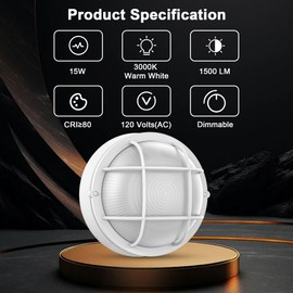 2 Pack 8" Bulkhead LED Light White Round Nautical Light,Outdoor 8" Bulkhead Wall Light LED Sauna Light Fixture 3000K,1500 LM,15W Nautical Outdoor Light White Round Bulkhead Light LED Round Dock Light