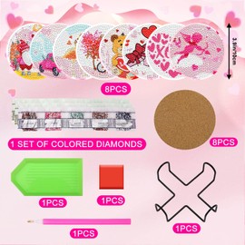 UPINS 8Pcs Valentine's Day Diamond Art Painting Coasters for Drinks DIY Life Coaster Diamond Art Kits for Adults Kids Beginners Diamond Art Craft Supplies