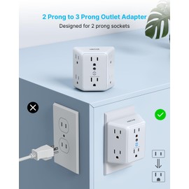 VINTAR 2 Prong to 3 Prong Outlet Adapter, 3 Sided 6 Outlet Widely Spaced Extender, Polarized Plug, 2 Prong Power Strip, 900J Wall Charger Surge Protector, Mountable Wall Tap for Non Grounded Outlets