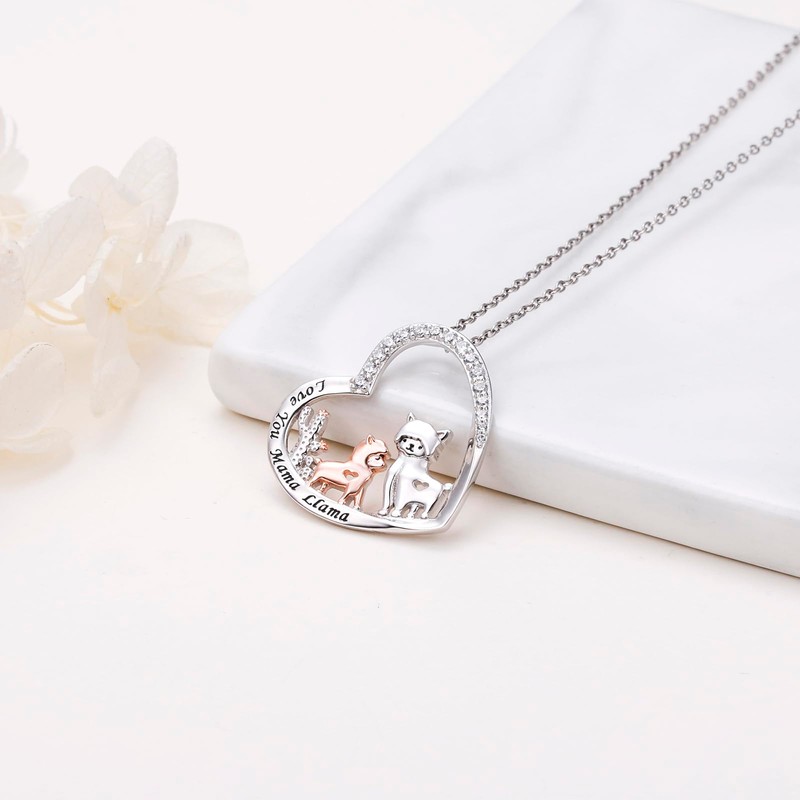Ladytree Llama Necklace S925 Sterling Silver Mother Daughter Heart Alpaca