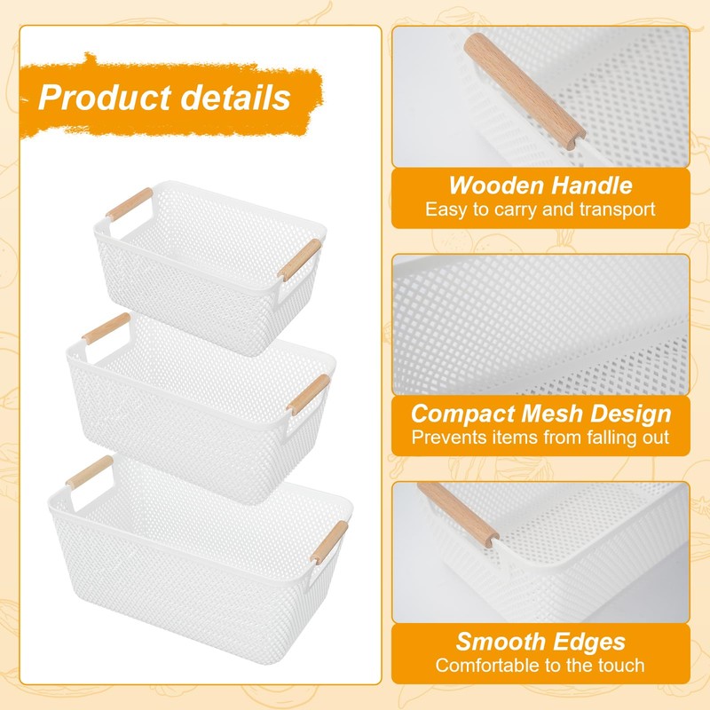 SHAIDOJIO 6 Pack Plastic Mesh Baskets with Wooden Handles, White