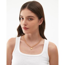 POTESSA Puffy Heart Necklace 18K Gold Plated Chunky Gold Necklace Adjustable Anchor Mariner Chain Necklace Dainty Charm Jewelry for Women