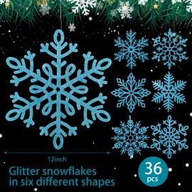 Sratte 36 Pack Large Glitter Snowflakes Ornaments 12" Plastic Giant Winter Christmas Hanging Decor Oversized Snowflakes Ornaments for Indoor Outdoor (Blue)