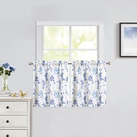 Watercolor Floral Cafe Curtains 36 Inches Length, Blue Flower Printed Farmhouse Rod Pocket Tier Curtains for Kitchen Leaf Pattern Short Window Curtain Treatment, Colorful, 28" W x 36" L，Set of 2