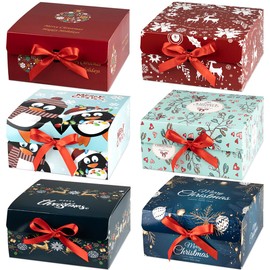 ARTLYMERS Christmas Gift Boxes with Lids, 6 Pack Gift Boxesand Red Ribbon Christmas Themed Pattern Small Gift Boxes for Christmas Presents Gifts Easy Assemble