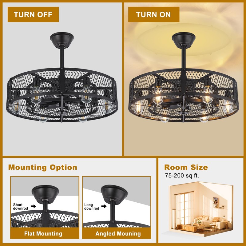 Depuley Black Ceiling Fans with Light: Flush Mount Caged Ceiling