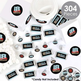 Big Dot of Happiness Boy 18th Birthday - Mini Candy Bar Wrappers, Round Candy Stickers and Circle Stickers - Eighteenth Birthday Party Candy Favor Sticker Kit - 304 Pieces