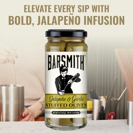 Barsmith Jalapeño & Garlic Stuffed Olives - Cocktail Garnish w/ Balanced Heat & Flavor - Gourmet Stuffed Olives for Martinis, Bloody Marys, Parties - Perfect for Home or Bar Use - 8 oz Jar (Pack of 1)