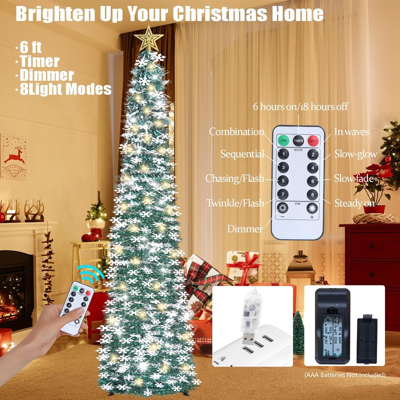 HMASYO 6 FT Pop Up Tinsel Christmas Tree with 100