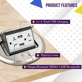 ENERLITES Round Pop-Up Floor Box Kit, 6" Diameter Cover, 20A Tamper-Resistant USB Receptacle, Watertight Gasket, Corrosive Resistant Hardware, 961501-S-USB, Nickel Plated Brass Cover