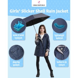 URBAN REPUBLIC Girls Rain Jacket - Wind Resistant Waterproof Slicker Shell Lightweight Kids Rain Coat with Pockets (7-16), Size 10-12, Dark Navy