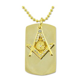 Dog Tag Square & Compass with Rhinestones Masonic Necklace - [Gold][2'' Tall]