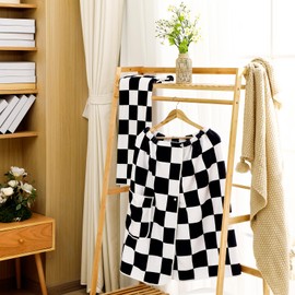 Fanfanwin 2 Pcs Checkered Bath Shower Wrap with Hair Towel, Black and White Checkerboard Wrap Towels for Women Soft Body Towel with Adjustable Closure and Pockets Bathrobe(L)