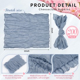 200 Pack Dusty Blue Cheesecloth Napkins 20"x20" Boho Washable Cloth Napkins Set of 200 Wrinkled Cheese Cloth Napkins Gauze Dinner Table Napkin for Wedding Party Baby Shower Birthday Decor