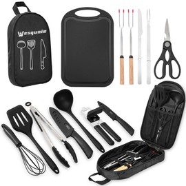 Wesqunie Camping Essentials Cookware Cooking Utensils Set - Camping Kitchen Utensils, Portable Outdoor Accessories, Stainless Steel & Silicone, Camping Gear Equipment for RV Picnic Grill