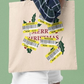 Reduced Sticker Christmas Tote Bag - Novelty Funny Fun Joke Marked Down Discounted Festive Merry Xmas Eve Crimbo Stocking Filler Cotton Shopper Presents Gifts (Red Handle)
