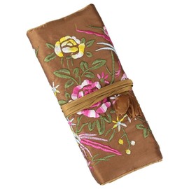 Lidwot Brown Silk Embroidery Jewelry Organizer Roll - Foldable Ancient Style Pouch, Retro Travel Jewelry Case & Storage Bag, Compact Keeper for Necklaces, Earrings, Rings