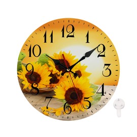 LOKMU Silent Non Ticking Clock 10 Inch, Round Wall Clock,Decorative for Living Room, Kitchen, Home,Bathroom, Bedroom, Office or School Sunflowers on Wooden Board