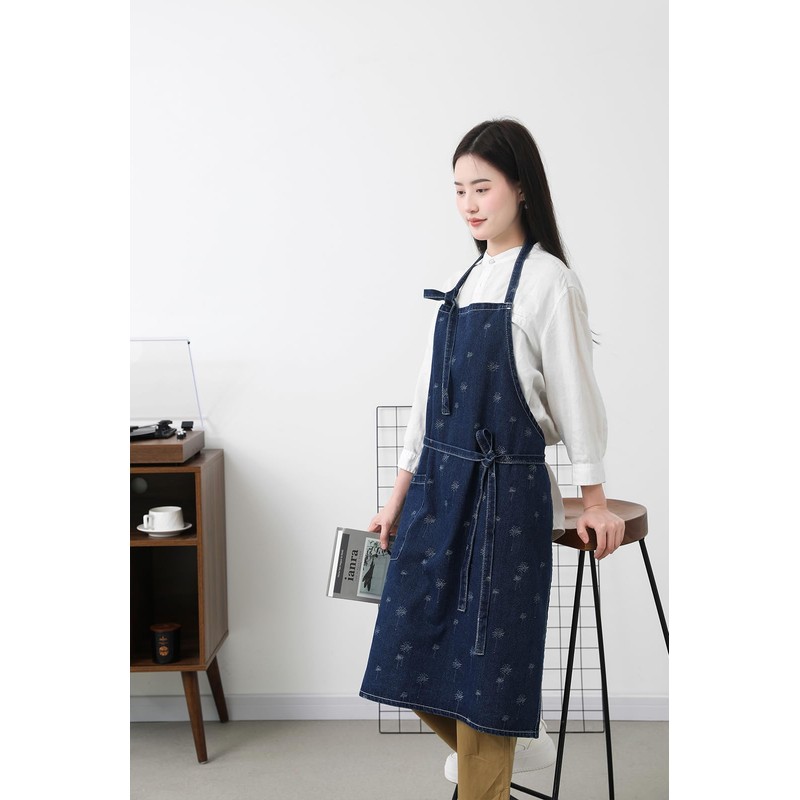 Pincy Cotton Denim Apron, Unisex Adjustable Bib Apron with Pockets