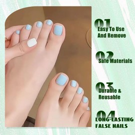 Fresh Blue False Toenails Short Square Glossy Gel Fake Toe Nails Pure Color on Toes Nail Natural Fit Durable ABS Material Fashionable Design Easy Application