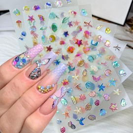 12Pcs Ocean Nail Art Stickers 3D Self Adhesive Summer Nail Stickers Holographic Colorful Shell Starfish Nail Decals Hippocampus Jellyfish Mermaid Cute Nail Art Design Decor Marine Life Nail Supplies