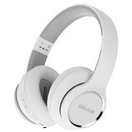 SUNJOM Mega Over Ear Bluetooth Headphones with Mic Hi-Res Audio Deep Bass,28H Playtime Memory Foam Ear Cups Wireless and Wired for Travel,Home Office-White