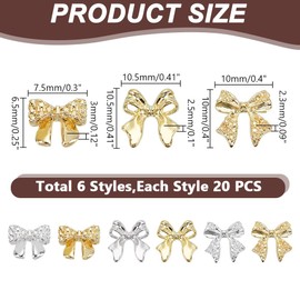 HOBBIESAY 120Pcs 6 Styles Bow Nail Charms 6.5-10.5mm Alloy Bowknot Nail Designs Big Bow Nail Decorations Cute 3D Bow Nail Art Charms for DIY Crafts