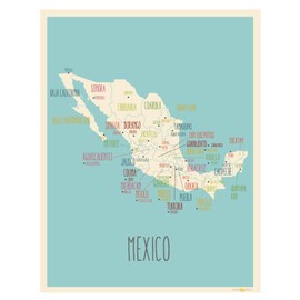 Kindred Sol Collective - Map Of Mexico - Póster artístico de mapa de pared de México (11 x 14 pulgadas arte de mapa de México para viajeros, niños, decoración de pared, aulas, salas de juegos o