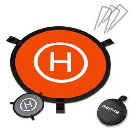 Mantona Foldable Drone Landing Area Diameter 55 cm with Metal Pegs and Transport Bag I Weatherproof Drone Landing Platform I Printed on Both Sides in Orange and Grey I Safe Landing on Ground Snow