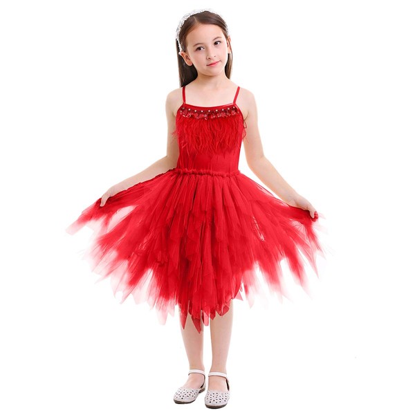 Kids Swan Princess Dance Costume Feather Fringes Ballerina Dress for Baby Girl Pageant Party Prom Birthday Short Ball Gown Red 12-18 Months
