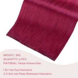 WENNALIFE Burgundy Red Clip in Hair Extensions Real Human Hair 30g 6pcs 18 Inch Colored Hair Extensions for Kids Women Colorful Hair Pieces Pop-up Style Straight Extensiones De Cabello Humano Con Clip