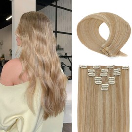 Bellecho Clip in Hair Extensions Real Human Hair, Silky Straight Real Remy Human Hair Extensions Clip ins, Light Blonde to Golden Blonde Clip in Extensions for Women, 14inch 120g 7Pcs, P16/22#