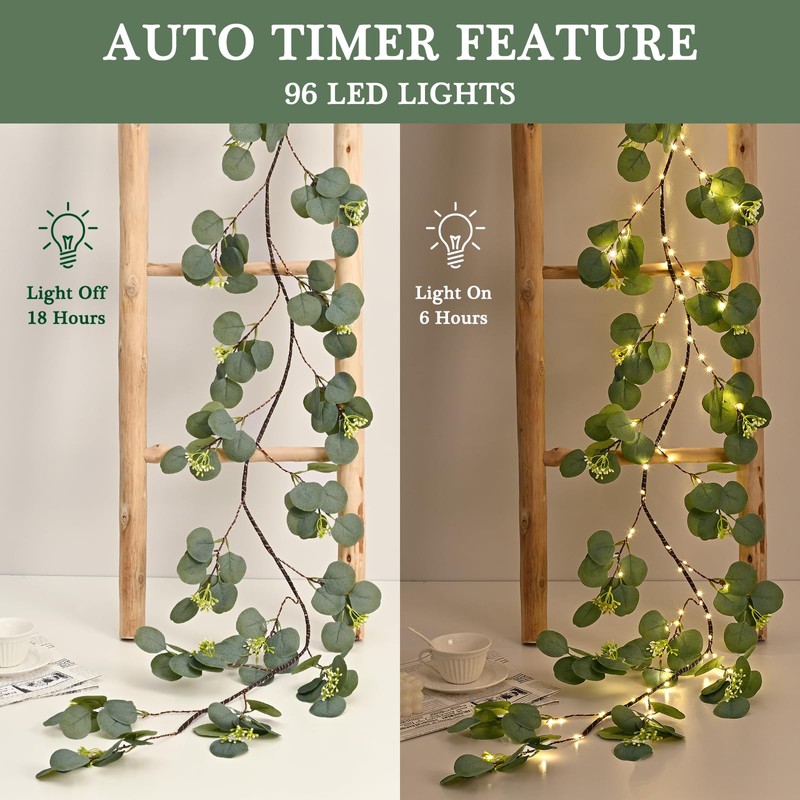 Waipfaru Christmas Decoration Indoor - 6FT Eucalyptus Garland with Timer,