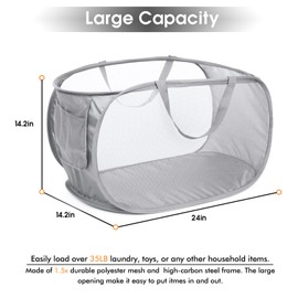 Diggoour Durable Collapsible Laundry Baskets, Mesh Pop Up Laundry Hamper with Handy Pocket, Foldable Clothes Hamper with Reinforced Carry Handles for Laundry, Bathroom, Kids Room or Travel Grey