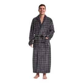 FG FEAYIGUDIM Men's Fleece Plush Bathrobe Full Length Big and Tall Shawl Collar Plaid Men Robe(Grey&Black, 5XL)