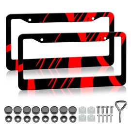 LIN KANG Red and Black License Plate Frames Holder - 2 Pack Black Red Aluminum Metal License Plate Frame Car Tag Frame Holder Front Rear Decorative with Screws Fasteners Caps