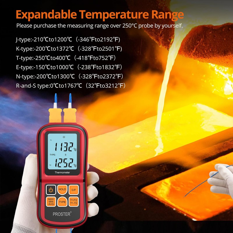 Proster Digital Thermometer Dual Channel Thermocouple Thermometer with Two K-