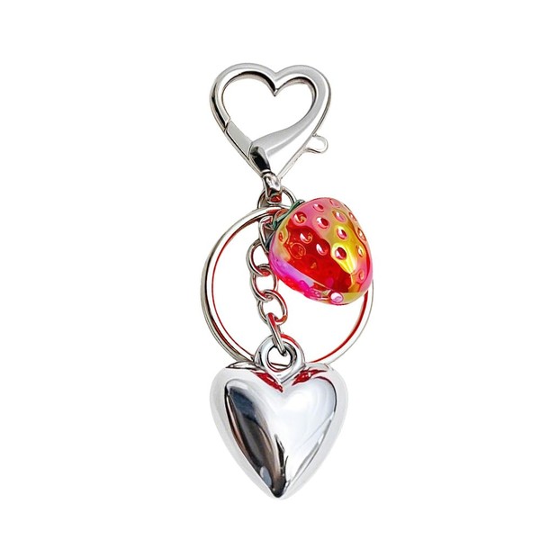 Strawberry Heart Charm Keychain for Keys Y2k Silver Heart Keychain