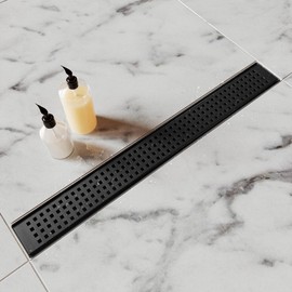 HTOH Black Shower Drain, 24 Inch Linear Shower Drain with Removable Square Hole Cover Grate, Modern 304 Stainless Steel Matte Black Shower Floor Drain with Adjustable Feet,Hair Strainer, Shower Drain