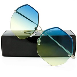 The Fresh Fashion Designer Oversize Hexagon Metal frame Ocean Colored Lens Women Sunglasses with Gift Box (Silver, Blue/Yellow)