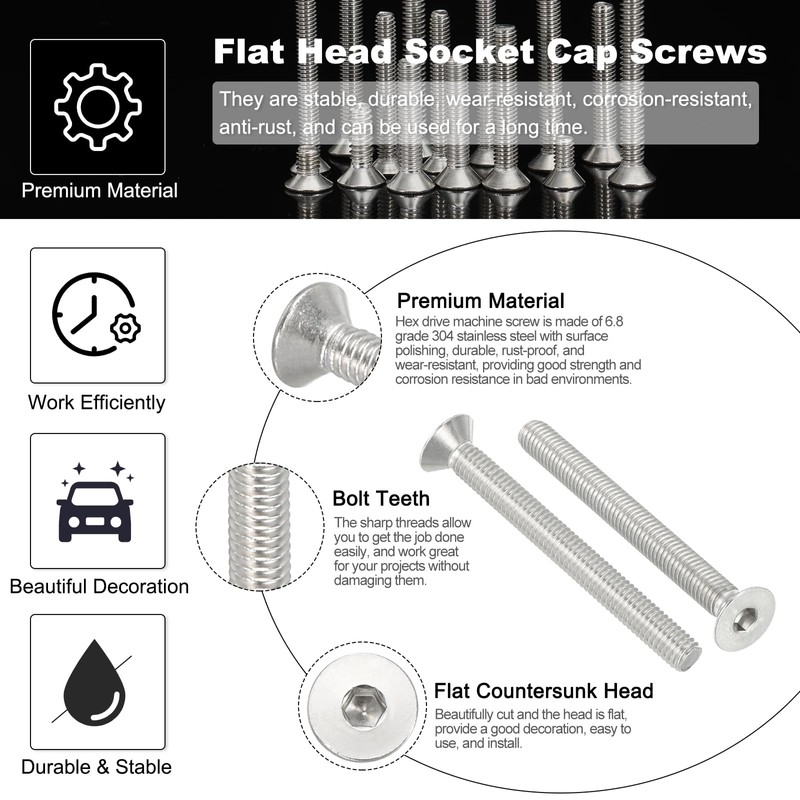 PATIKIL M6 x 60mm Flat Head Socket Cap Screws, 10