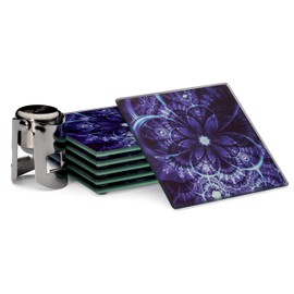 Coaster Set 6 Square Glass Coasters Purple Flower Design, Large Size 4x4, Suit Indoor Outdoor Kitchen Dining Bar, Non-Slip Silicon Feet Protects Furniture, Ideal for Wine Glass, Tea or Coffee Cups