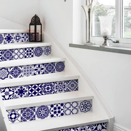 funlife 14pcs Peel and Stick Vintage Moroccan Pattern Stair Riser Decals, Retro Decorative Vinyl Stair Riser Stickers for Kitchen Living Room Home Decor, Navy Blue 39.37"x7.09"