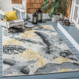 SAFAVIEH Barbados Collection Area Rug - 8' x 10'5", Grey & Gold, Tropical Botanical Design, Non-Shedding & Easy Care, Indoor/Outdoor & Washable-Ideal for Patio, Backyard, Mudroom (BAR524F)