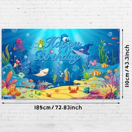 Under The Sea Birthday Banner Ocean Animal Party Decorations Birthday Photo Backdrop Background Dolphin Shark Underwater Decorations Supplies for Kids Birthday Party Baby Shower, 72.8 x 43.3 Inches