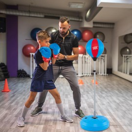 GYMAX Punching Bag for Adults & Teens, Boxing Equipment Set w/Height Adjustable Stand, Gloves & Pump, Free Standing Boxing Bag with Reflex Ball for Agility (Blue)