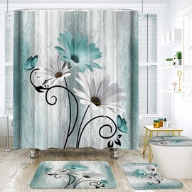 Onalasyc 4PCS Teal Daisy Country Farmhouse Shower Curtain Set with Shower Curtain and Carpet and Accessories, Waterproof Bathroom Shower Curtain Decorative Set with 12 pcs Hooks,71 x 71in