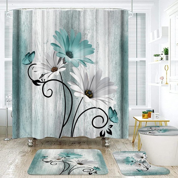 Onalasyc 4PCS Teal Daisy Country Farmhouse Shower Curtain Set with