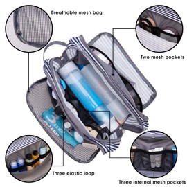 WANDF Toiletry Bag Water-Resistant Nylon Travel Wash Bag Lightweight Dopp Kit for Men and Women (A-Blue Stripe)