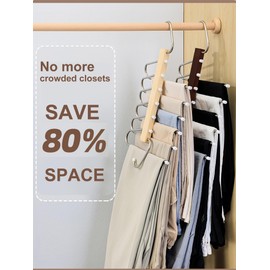 Upgraded Stainless Steel Thickened Magic Pants Hangers - 6 Tier Space Saving Multifunctional Non-Slip Foldable Closet Organizer for Pants, Jeans, Skirts, Scarves (Natural (Solid Wood), 2 Pack)